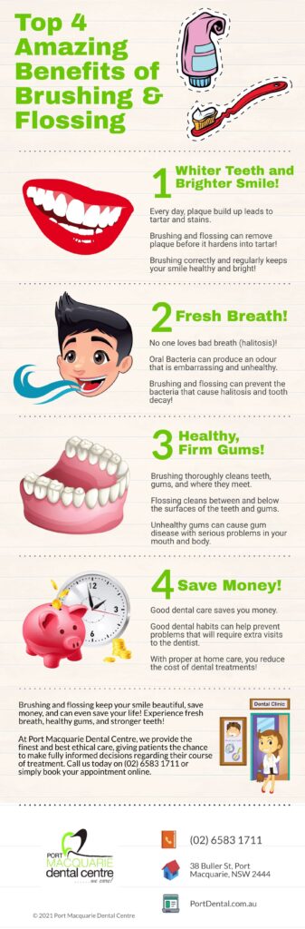 top 4 amazing benefits of brushing and flossing from port macquarie dental centre infographic